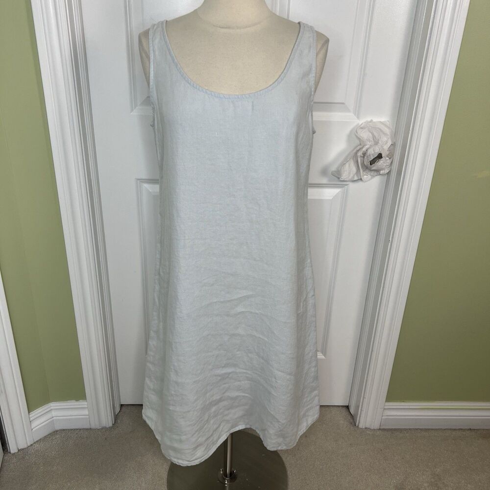 Eileen Fisher 100% Irish Linen Dress Large Pale Blue Sleeveless Womens